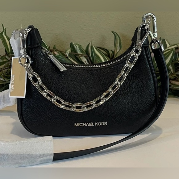 NWT Michael Kors Pebble Leather Cora Pouchette - Black with Silver Hardware - Picture 2 of 15